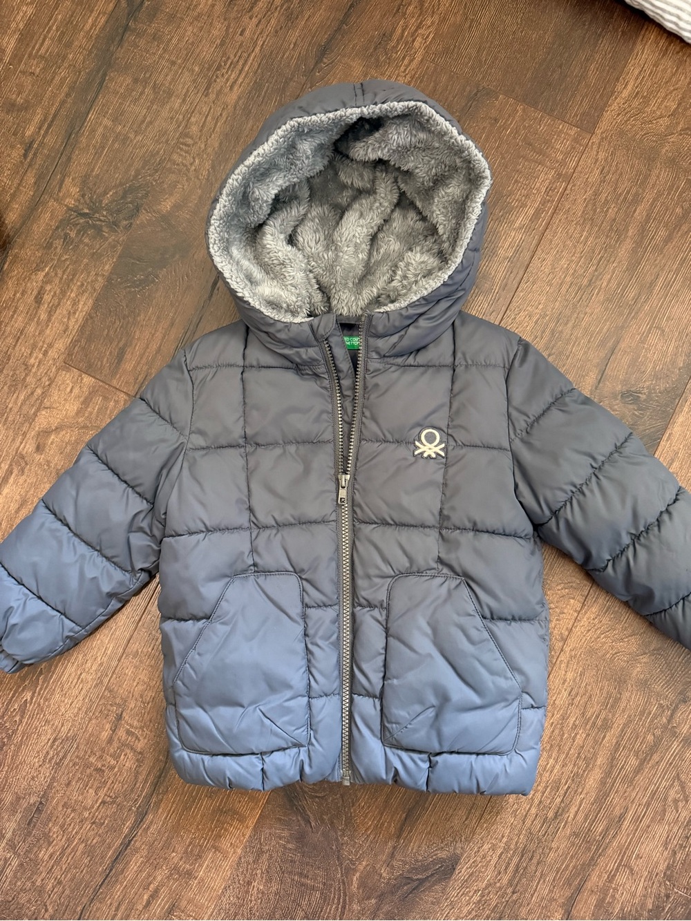 United Colors Of Benetton Navy Blue Puffer Jacket with Faux Fur Hood